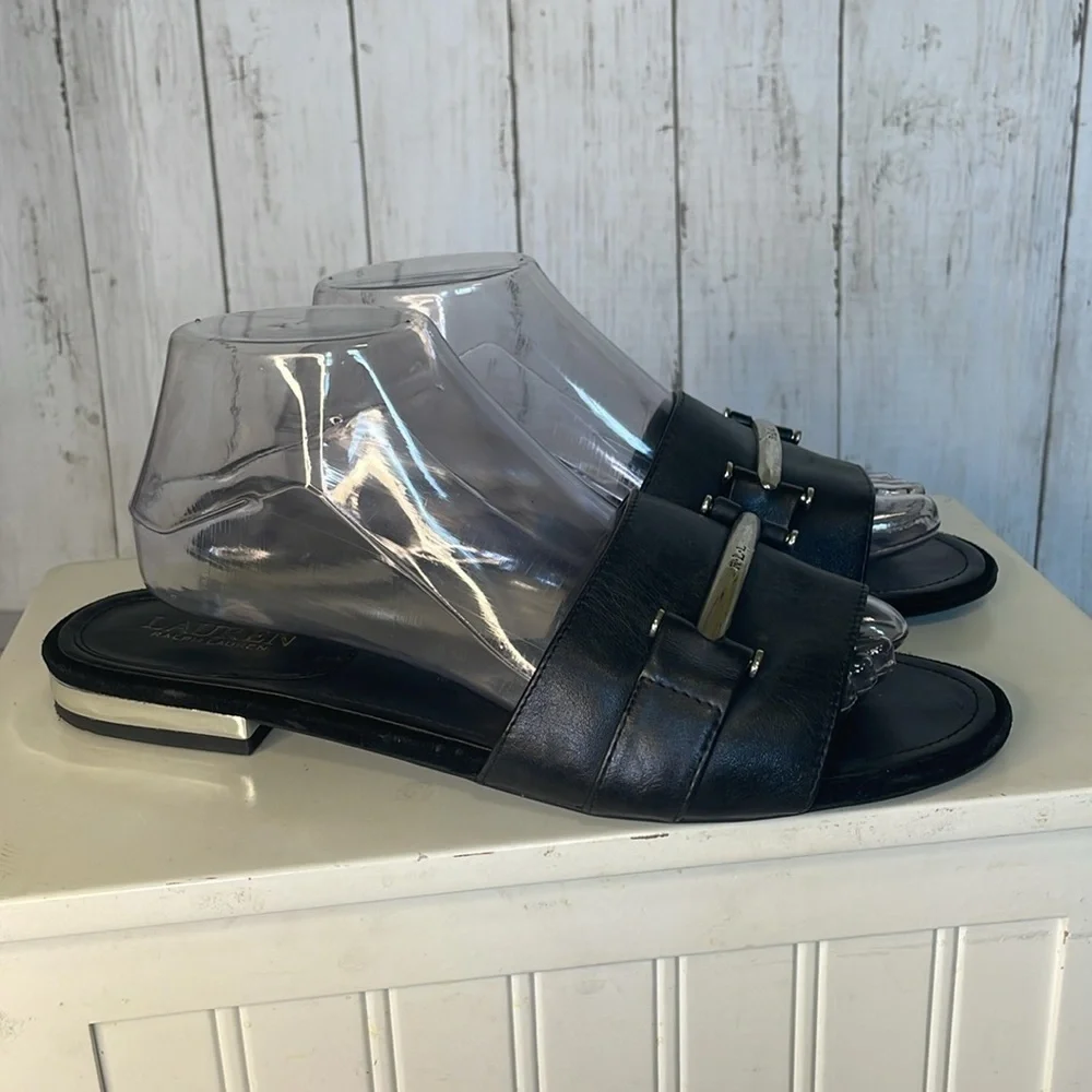 Lauren Ralph Lauren Davan Black Slide Sandal with LRL Silver Signature B…